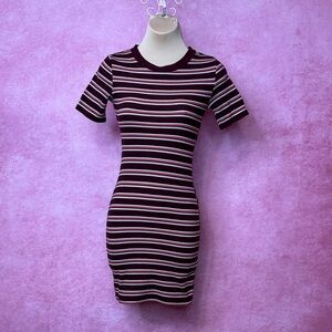 120- H&M Divided Striped Bodycon Mini Dress Maroon Pink White Size 0